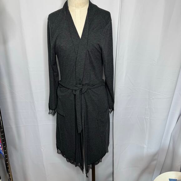 Victoria's Secret Wrap Robe M/L Charcoal Gray Lace Trim Belted - Picture 2 of 8
